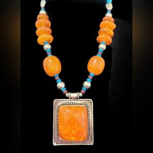 Source Unknown Orange and Silver Necklace with Bold Pendant